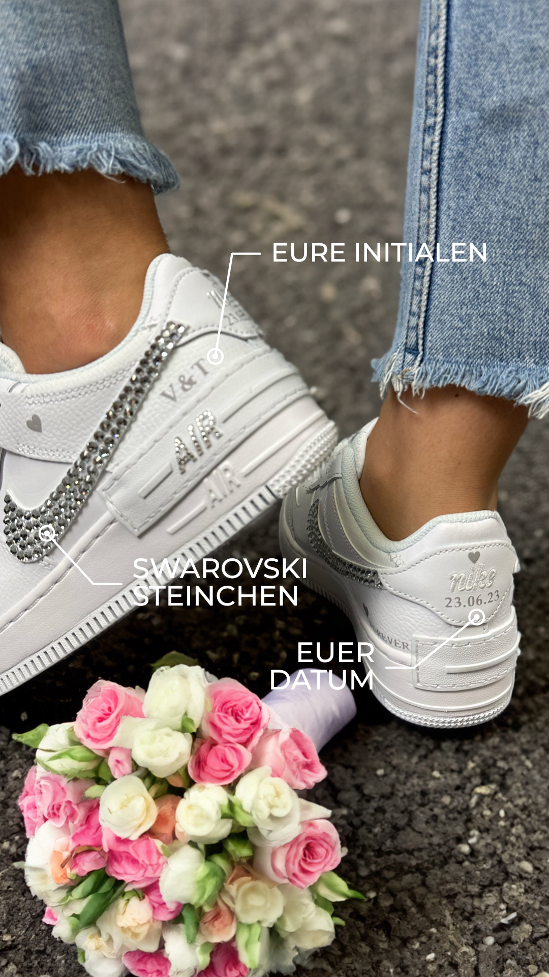 Custom Nike AIR Force Shadow 1 Sneaker - Swarovski Rhinestones WEDDING EDITION