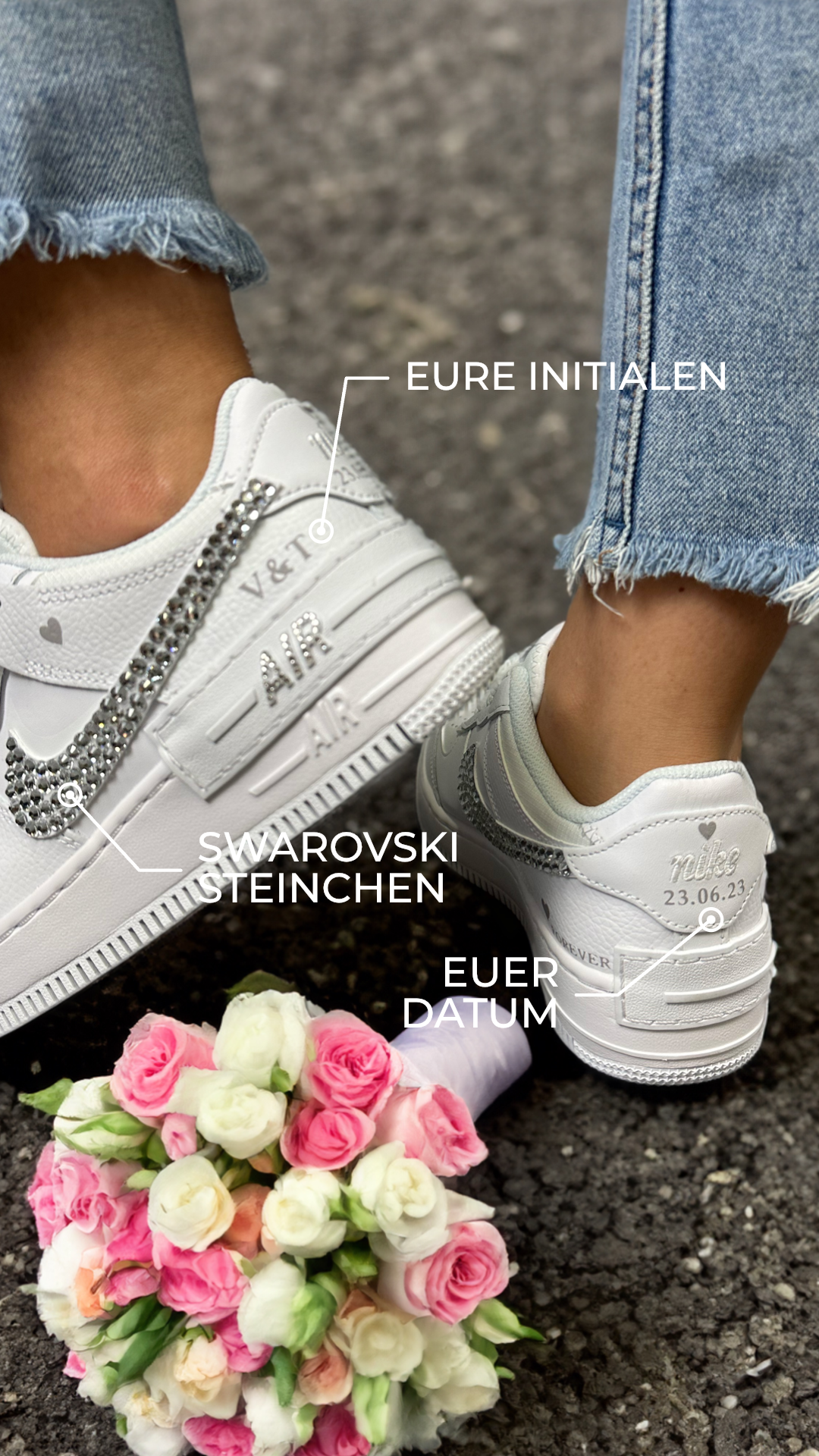 Custom Nike AIR Force Shadow 1 Sneaker - Swarovski Strasssteine WEDDING EDITION