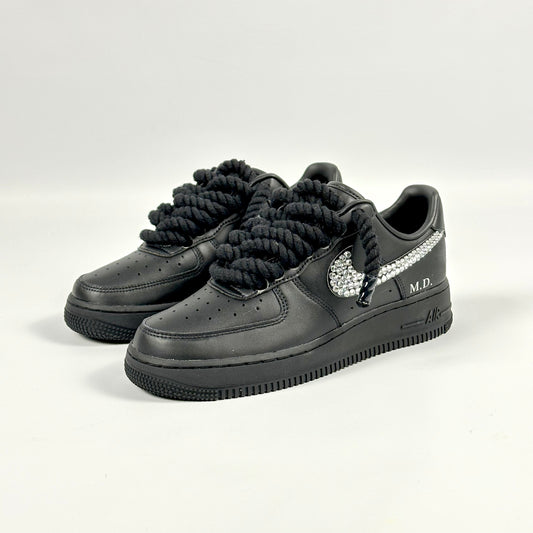 Baskets Nike AIR Force 1 personnalisées - Swarovski x Épaisseur/Lacets de corde Noir