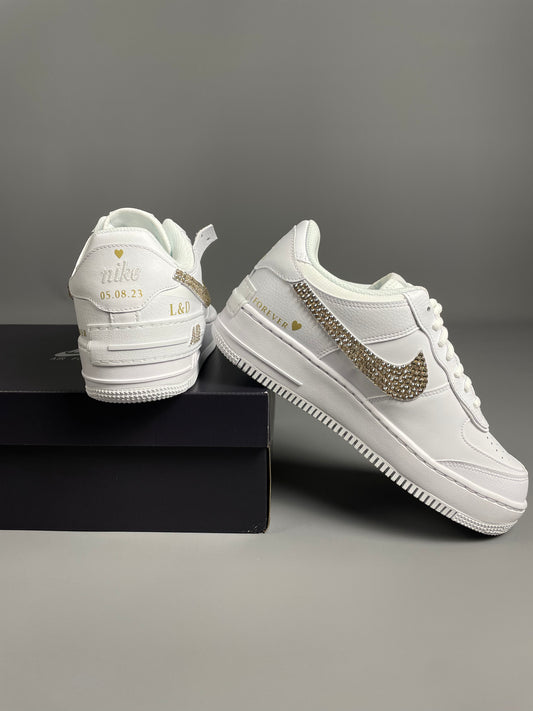 Baskets Nike AIR Force Shadow 1 personnalisées - OR ROSE Strass Swarovski ÉDITION MARIAGE