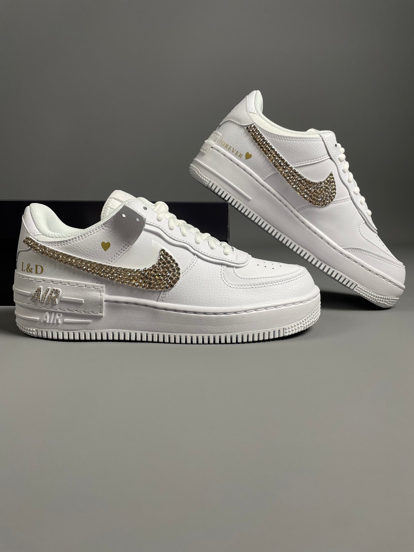 Baskets Nike AIR Force Shadow 1 personnalisées - OR ROSE Strass Swarovski ÉDITION MARIAGE