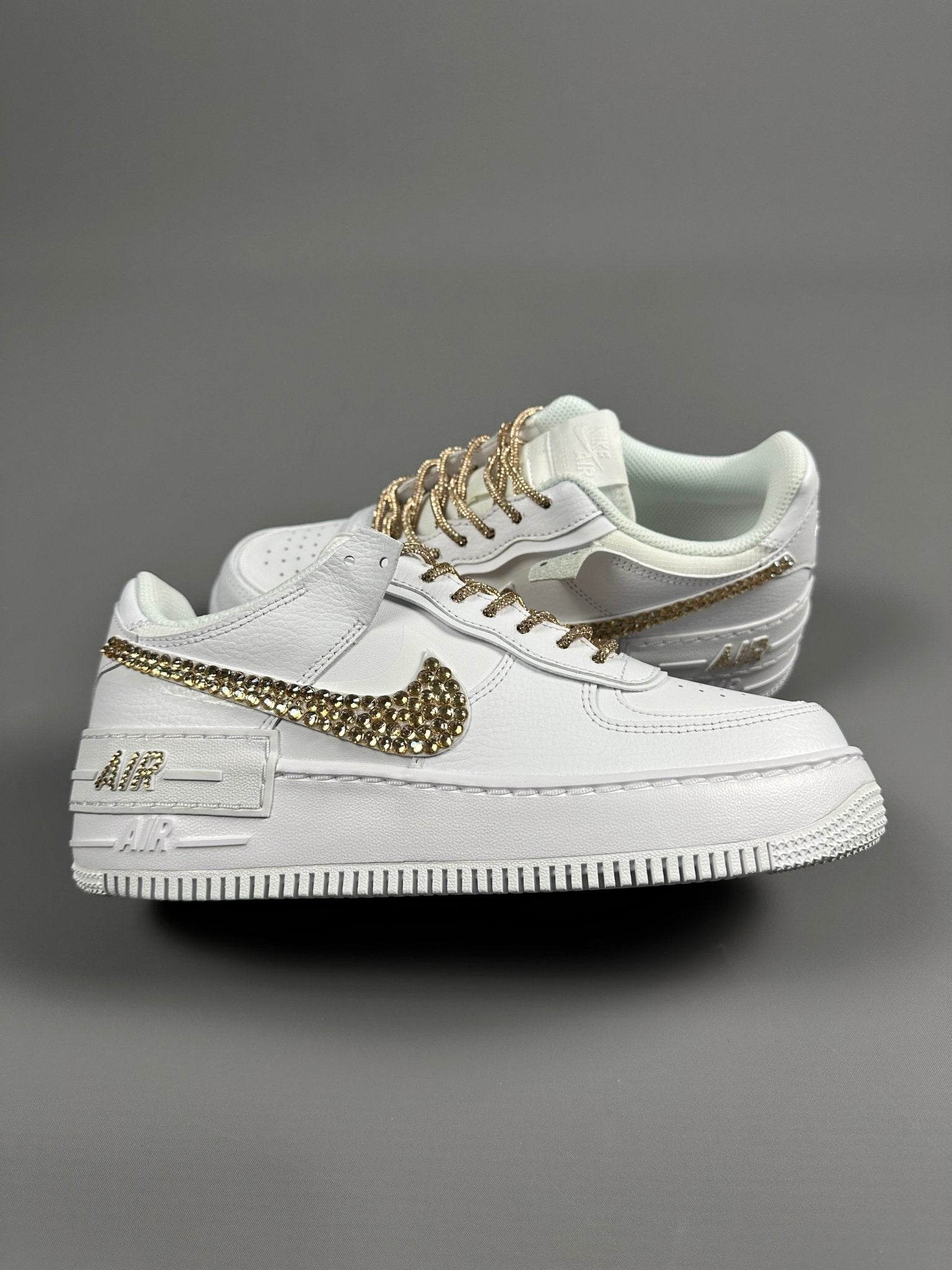 Custom Nike AIR Force Shadow 1 Sneaker - Swarovski Strasssteine GOLD EDITION - julescustomizedkicks