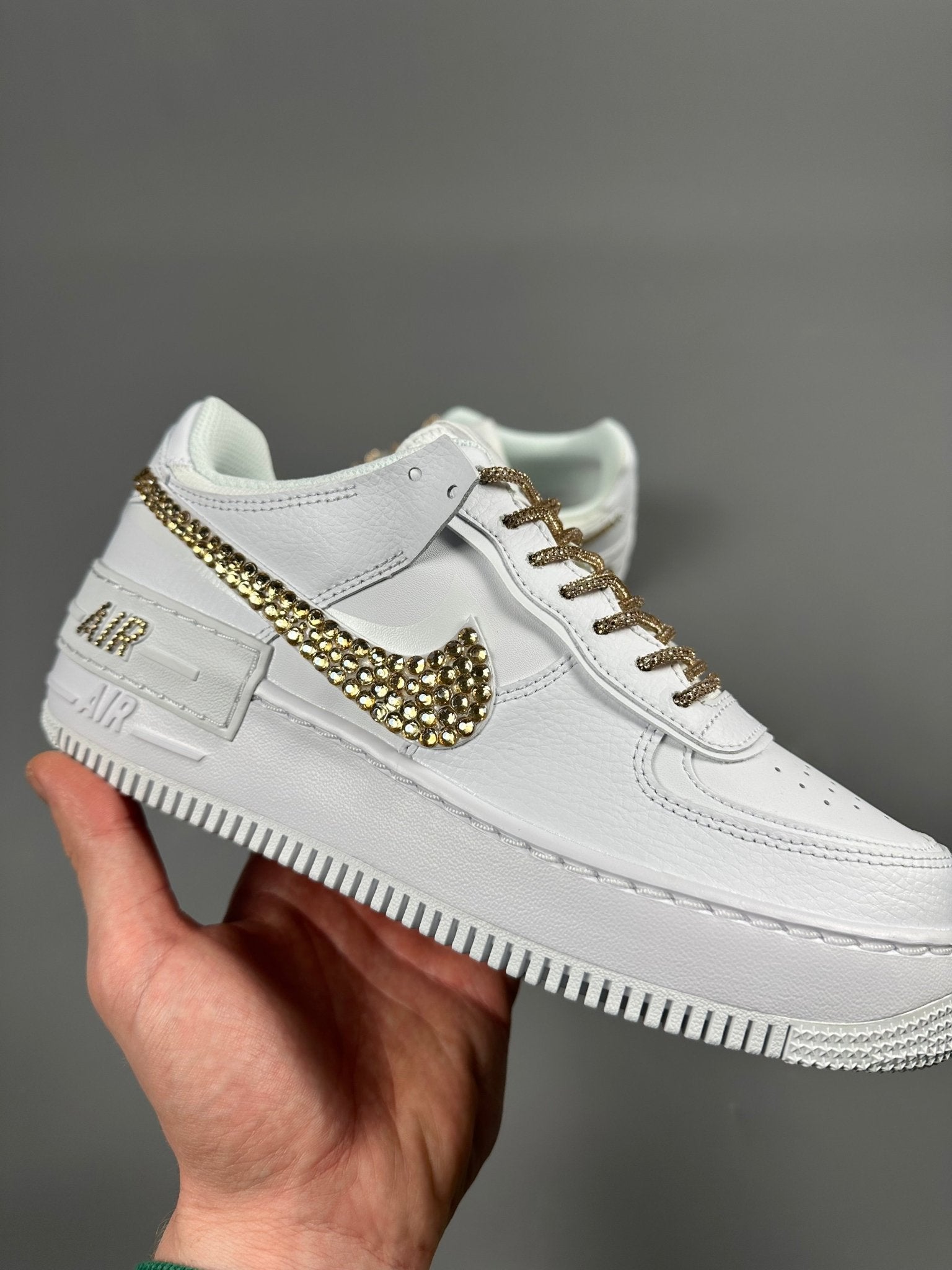 Custom Nike AIR Force Shadow 1 Sneaker - Swarovski Strasssteine GOLD EDITION - julescustomizedkicks