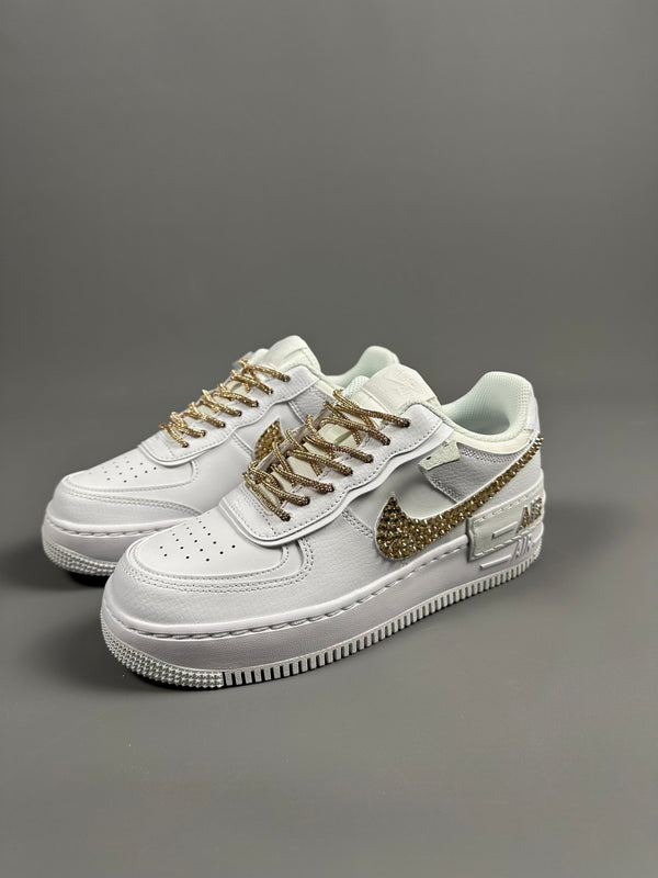 Custom Nike AIR Force Shadow 1 Sneaker - Swarovski Strasssteine GOLD EDITION